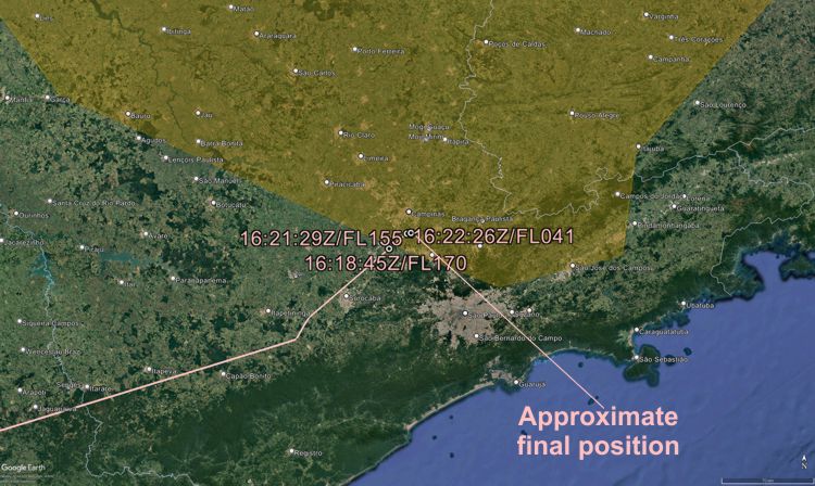 Map with amber overlay showing the severe icing zone based on SBBS SIGMET 2 (Graphics: AVH/Google Earth)