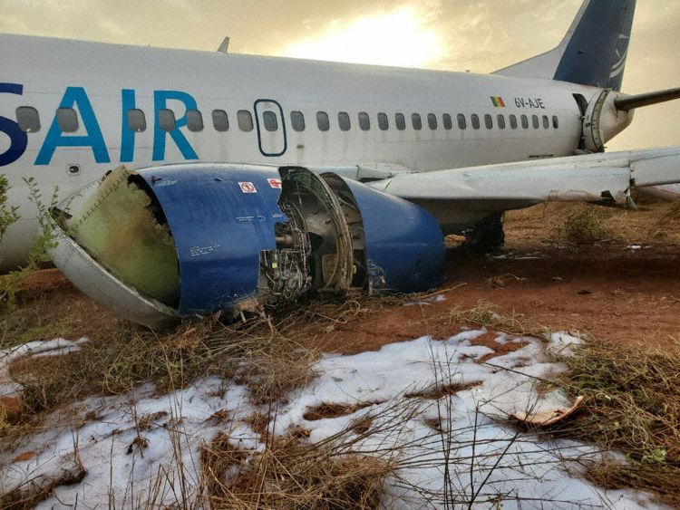 The aircraft seen after the runway excursion