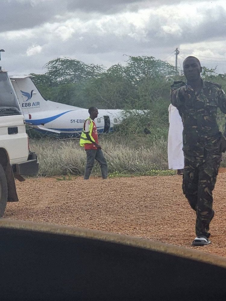 The aircraft seen after the runway excursion