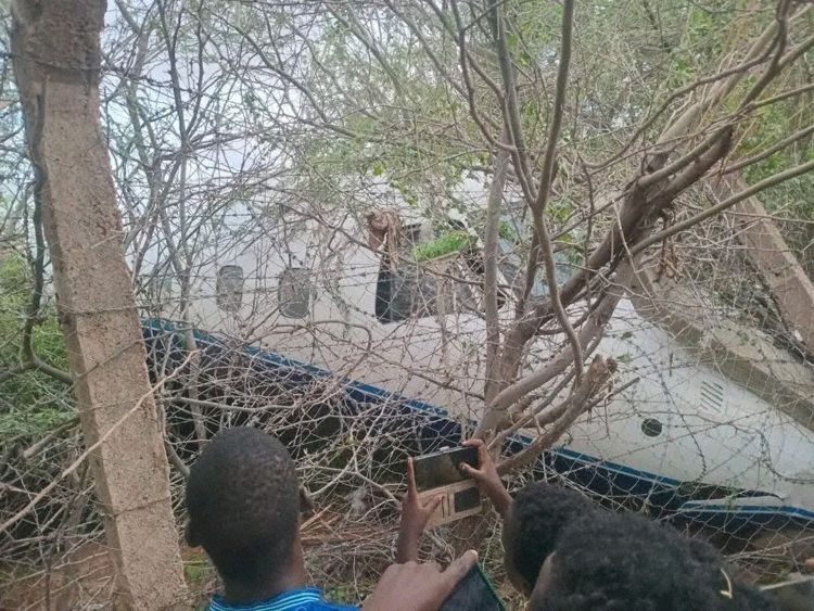 The aircraft seen after the runway excursion