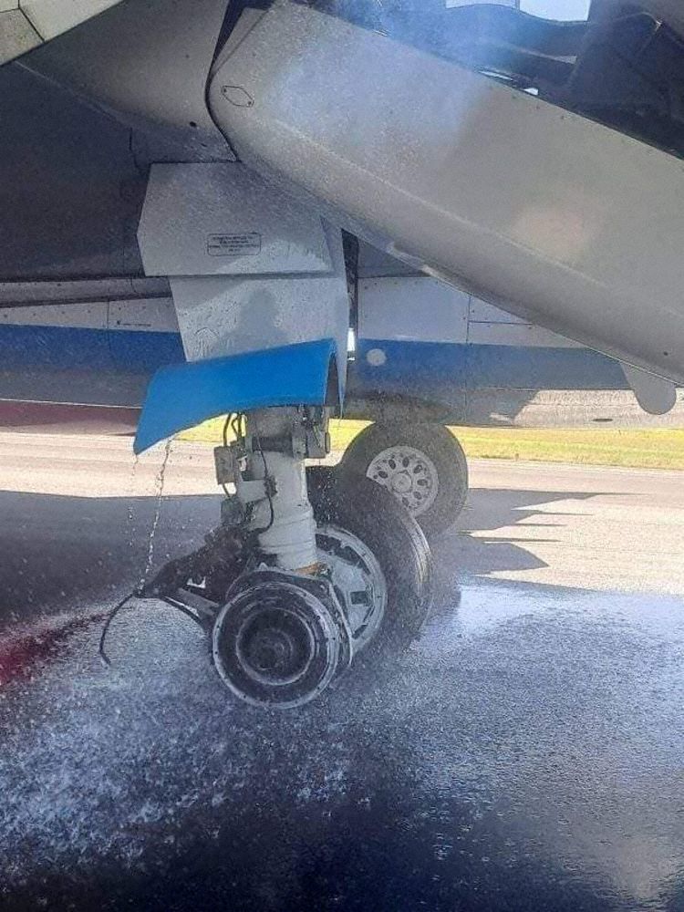 The left main gear after landing