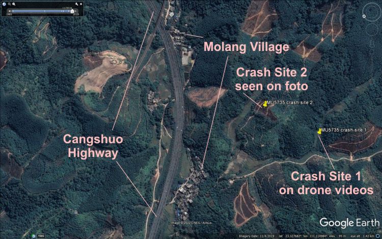 Detail Map of crash site, rotated to match video (Graphics: AVH/Google Earth)
