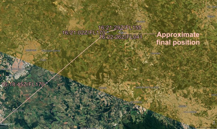 Map with amber overlay showing the severe icing zone based on SBBS SIGMET 2 (Graphics: AVH/Google Earth)